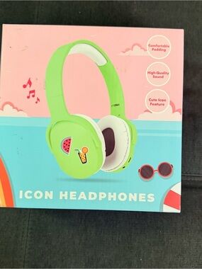 ICON Green Over-Ear Kids Headphones with Cute Fruit Icons
